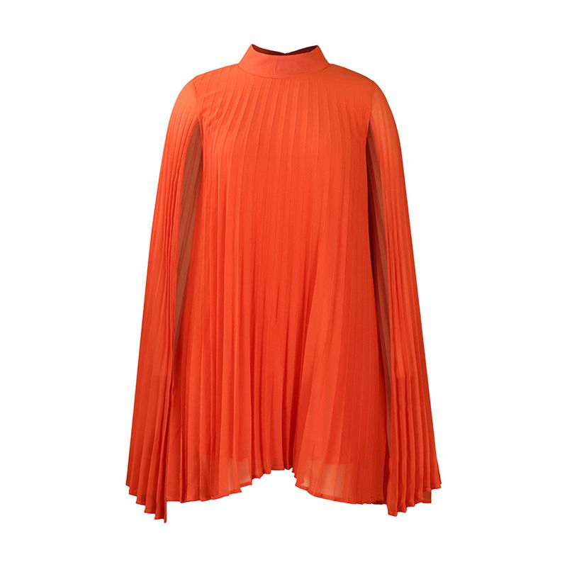 New Temperament Fashionable High Grade Women's Dress Solid Color Chiffon Mid-high Collar Cape  Bat Sleeves Loose Large Size Mid-length Pleated Skirt Elegant Versatile Lady Dresses
