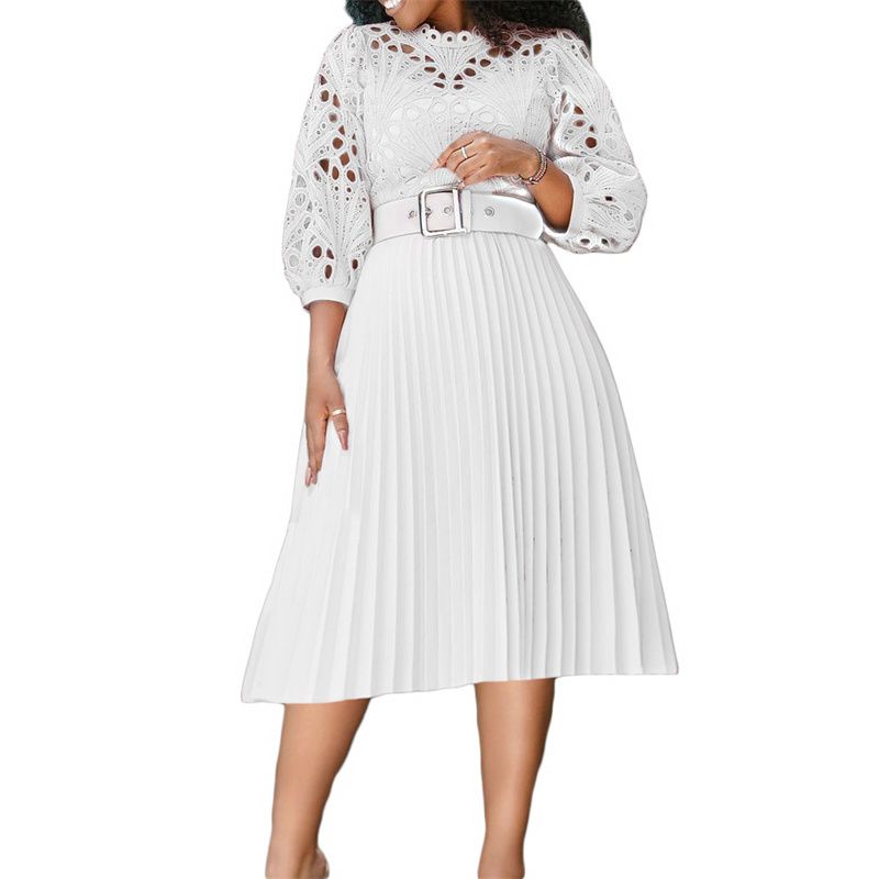 New Fashion High Grade Women's Dress Large Size Slimming Solid Color Lace Crochet Hazy Hollow High Waist Mid-length Pleated Skirt African Office Lady Dress with Belt Sex Goddess Solemn Banquet Dresses