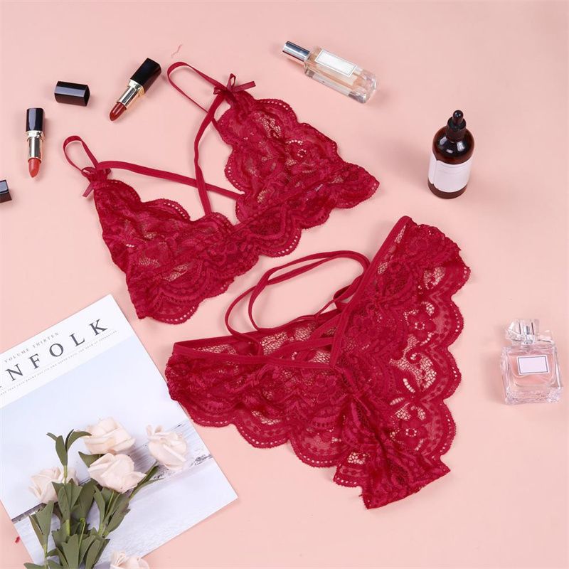 European and American Style Women's  Lingerie Set Lace Suspenders See Through Strap Bra Thong Two-piece Set Split Ladies Underwear Sex Goddess Midnight Passion Prop Suit