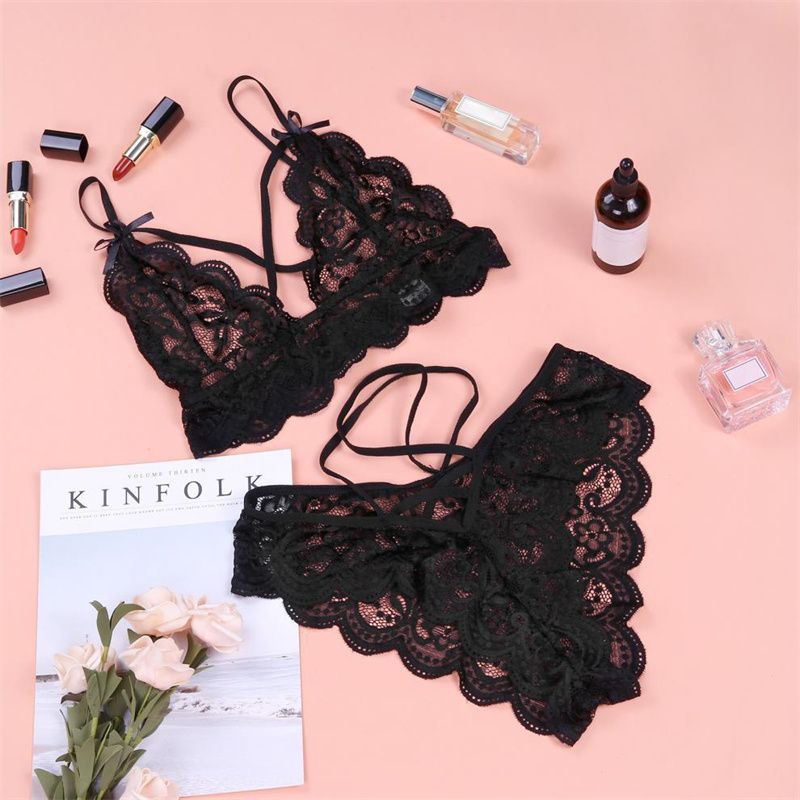 European and American Style Women's  Lingerie Set Lace Suspenders See Through Strap Bra Thong Two-piece Set Split Ladies Underwear Sex Goddess Midnight Passion Prop Suit