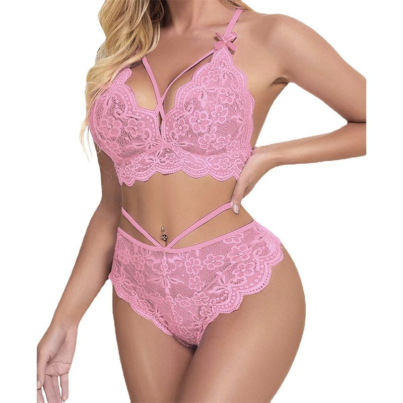 European and American Style Women's  Lingerie Set Lace Suspenders See Through Strap Bra Thong Two-piece Set Split Ladies Underwear Sex Goddess Midnight Passion Prop Suit