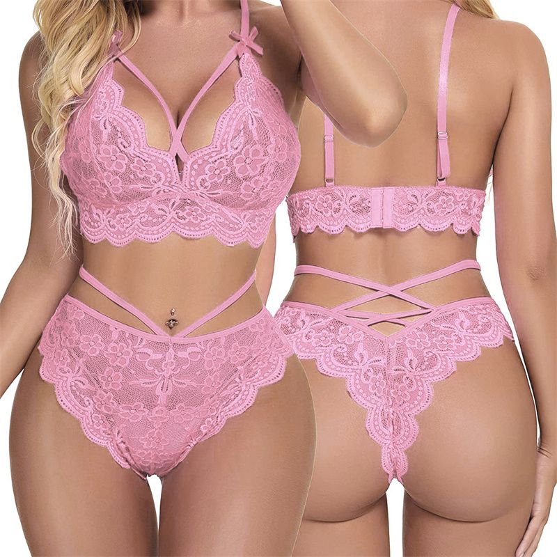 European and American Style Women's  Lingerie Set Lace Suspenders See Through Strap Bra Thong Two-piece Set Split Ladies Underwear Sex Goddess Midnight Passion Prop Suit