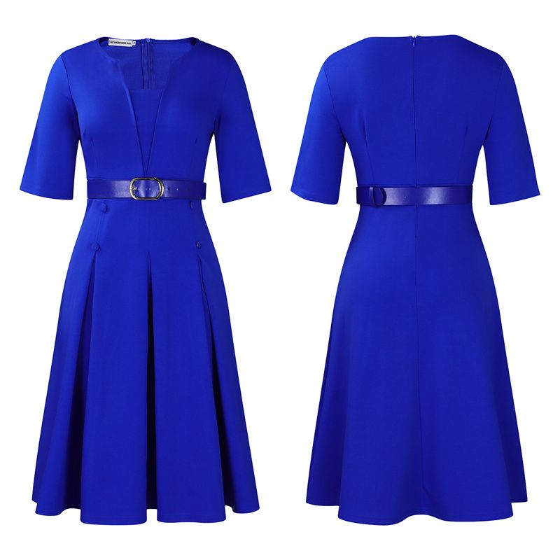 European and American Plus Size Women's Clothing Autumn Fashion Elegant Temperament Solid Color Five Quarter Sleeved African Female Skirt Office Lady Dresses with Belt Evening Banquet Dress