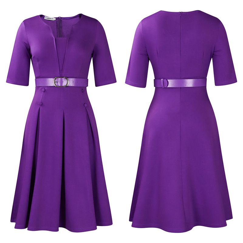 European and American Plus Size Women's Clothing Autumn Fashion Elegant Temperament Solid Color Five Quarter Sleeved African Female Skirt Office Lady Dresses with Belt Evening Banquet Dress