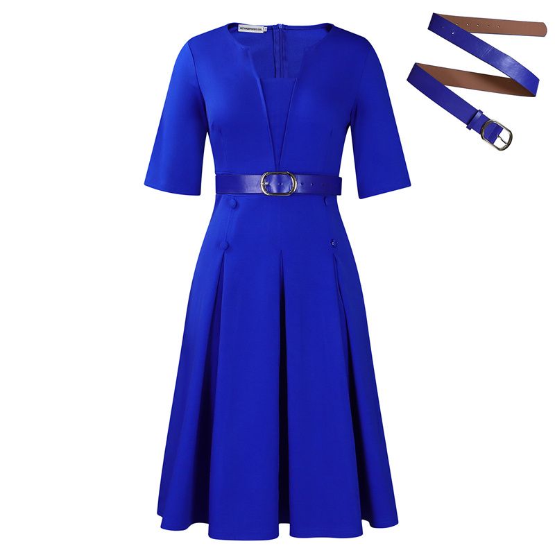 European and American Plus Size Women's Clothing Autumn Fashion Elegant Temperament Solid Color Five Quarter Sleeved African Female Skirt Office Lady Dresses with Belt Evening Banquet Dress