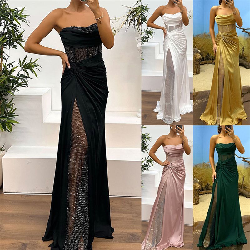 European and American New Women's Dress INS Casual Fashion Splicing Wrapped Chest Long Skirt Ladies Evening Dress Temperament Elegant Sex Goddess Dinner Dresses