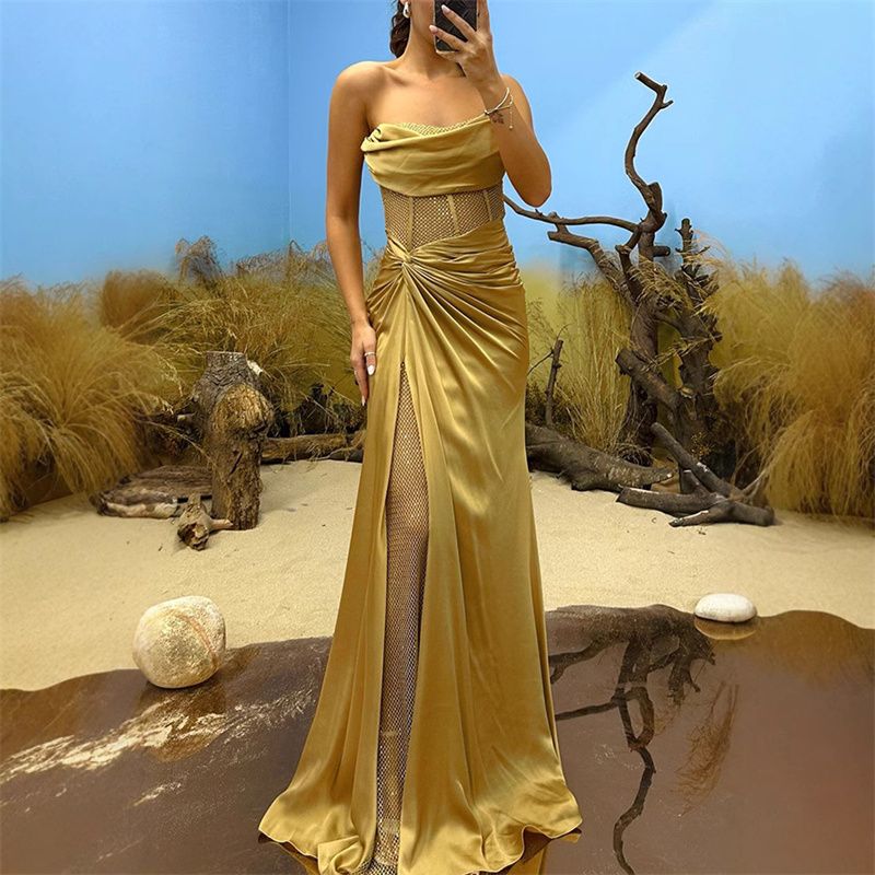 European and American New Women's Dress INS Casual Fashion Splicing Wrapped Chest Long Skirt Ladies Evening Dress Temperament Elegant Sex Goddess Dinner Dresses