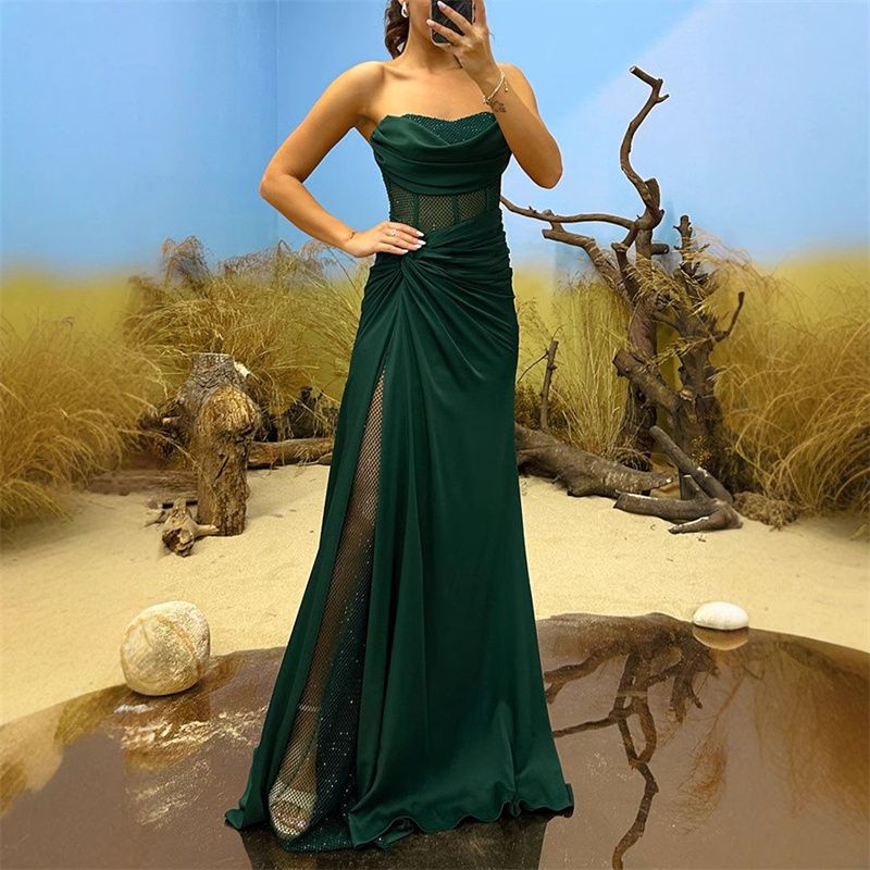 European and American New Women's Dress INS Casual Fashion Splicing Wrapped Chest Long Skirt Ladies Evening Dress Temperament Elegant Sex Goddess Dinner Dresses