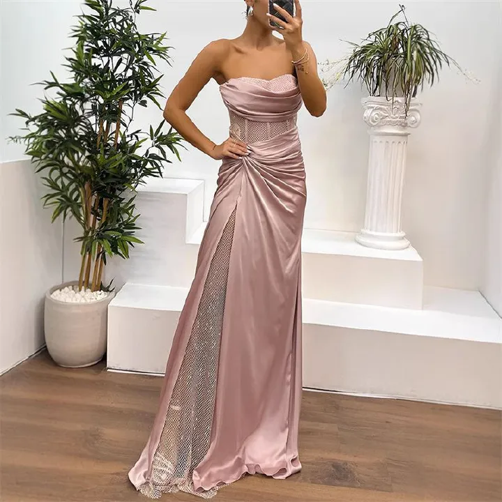 European and American New Women's Dress INS Casual Fashion Splicing Wrapped Chest Long Skirt Ladies Evening Dress Temperament Elegant Sex Goddess Dinner Dresses