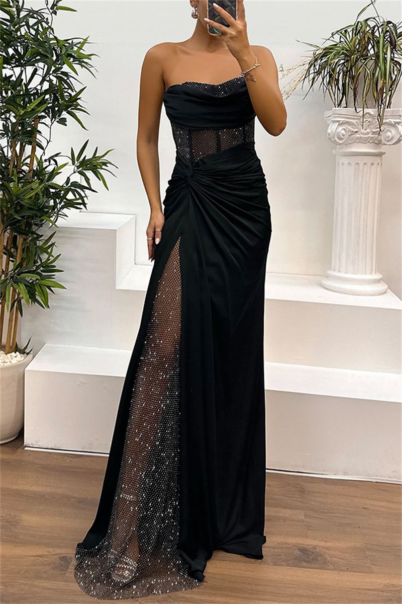 European and American New Women's Dress INS Casual Fashion Splicing Wrapped Chest Long Skirt Ladies Evening Dress Temperament Elegant Sex Goddess Dinner Dresses