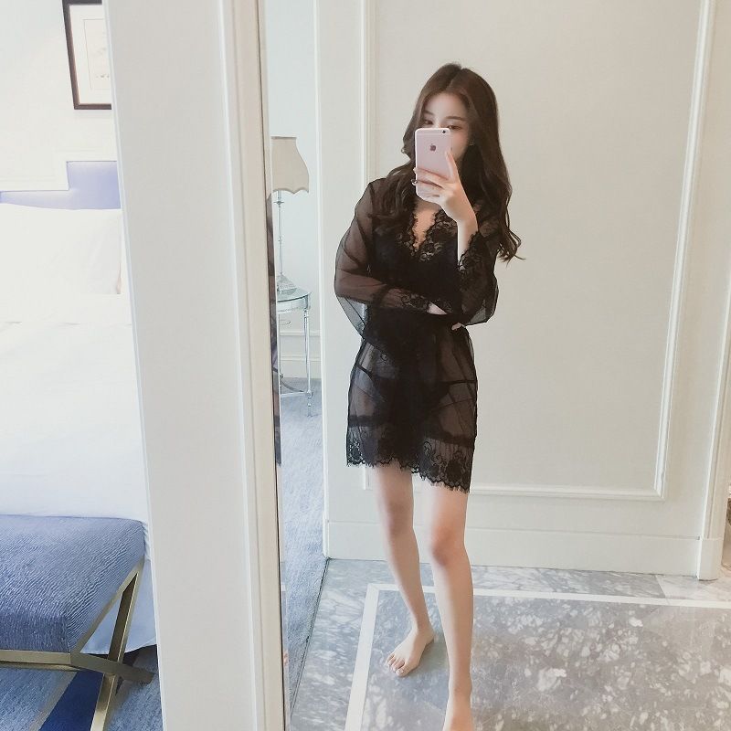 Women's Sexy Lingerie Transparent Perspective Mesh Sexy Lace Pajamas Nightdress Uniform Nightclub Temptation Robe