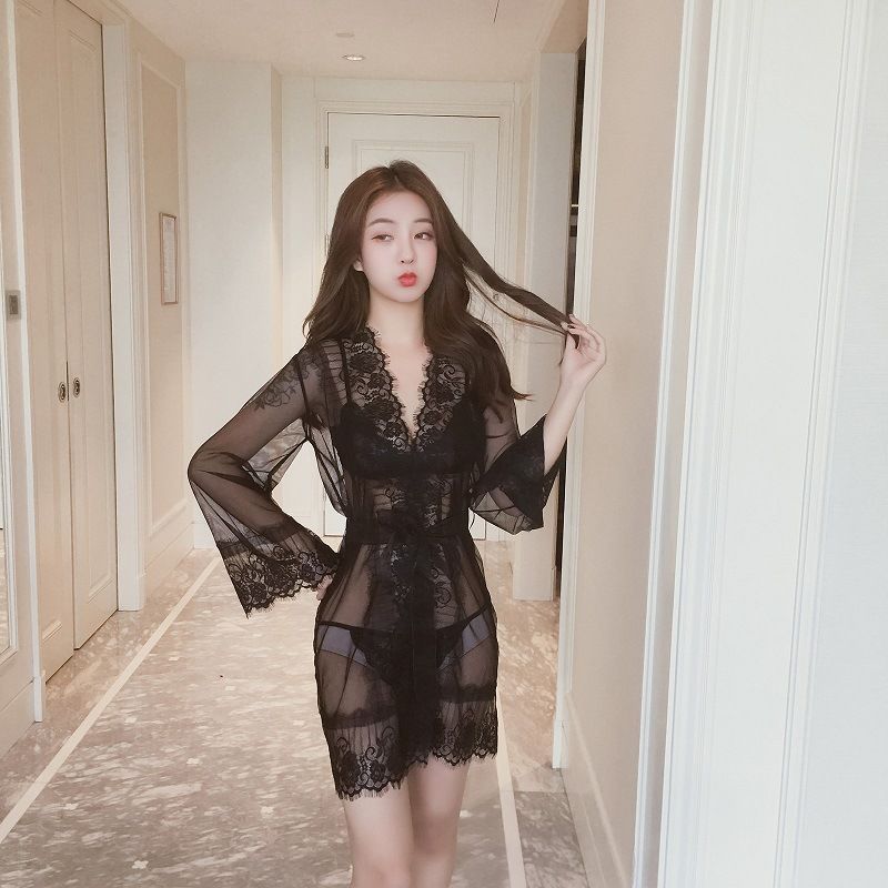 Women's Sexy Lingerie Transparent Perspective Mesh Sexy Lace Pajamas Nightdress Uniform Nightclub Temptation Robe