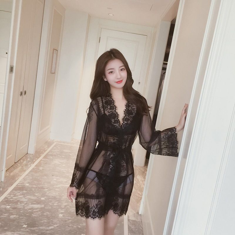 Women's Sexy Lingerie Transparent Perspective Mesh Sexy Lace Pajamas Nightdress Uniform Nightclub Temptation Robe