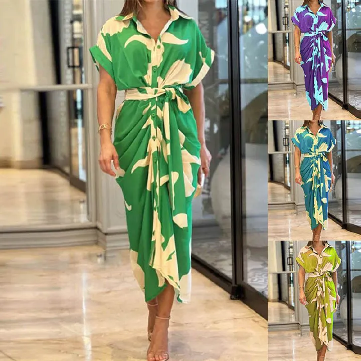 High Waisted Lady Shirt Dress for Women Clothing Summer Classic Casual Slim Short Sleeve Women Dress Female Solid Long Skir