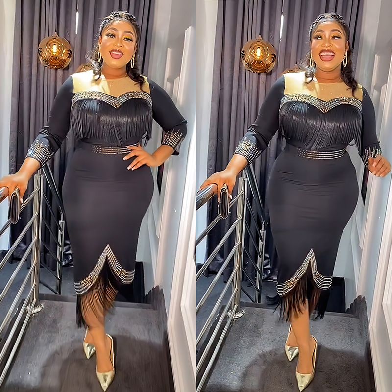 Elegant Bodycon Dresses for Women Crystal Mesh Patchwork Crew Neck Sweetheart Tassel Midi Dress Chic Night Out Party Vestid