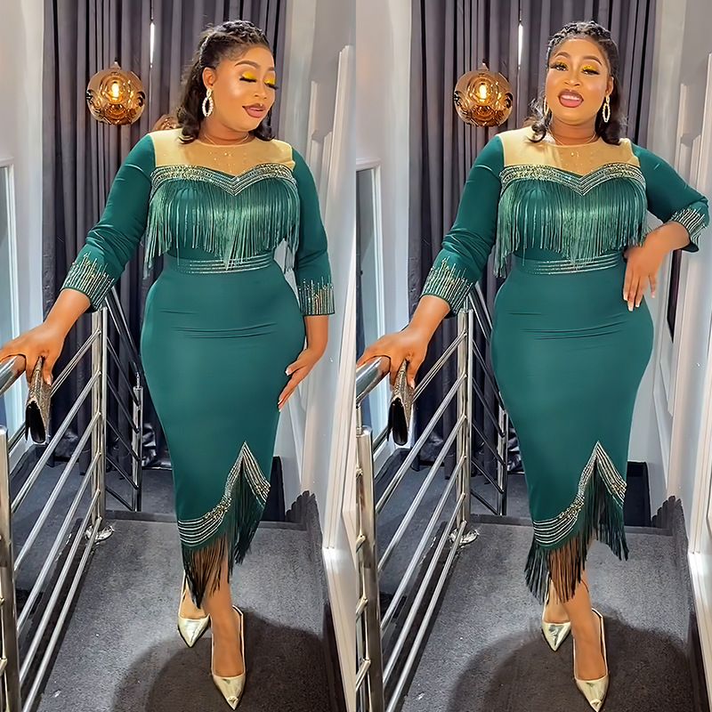 Elegant Bodycon Dresses for Women Crystal Mesh Patchwork Crew Neck Sweetheart Tassel Midi Dress Chic Night Out Party Vestid