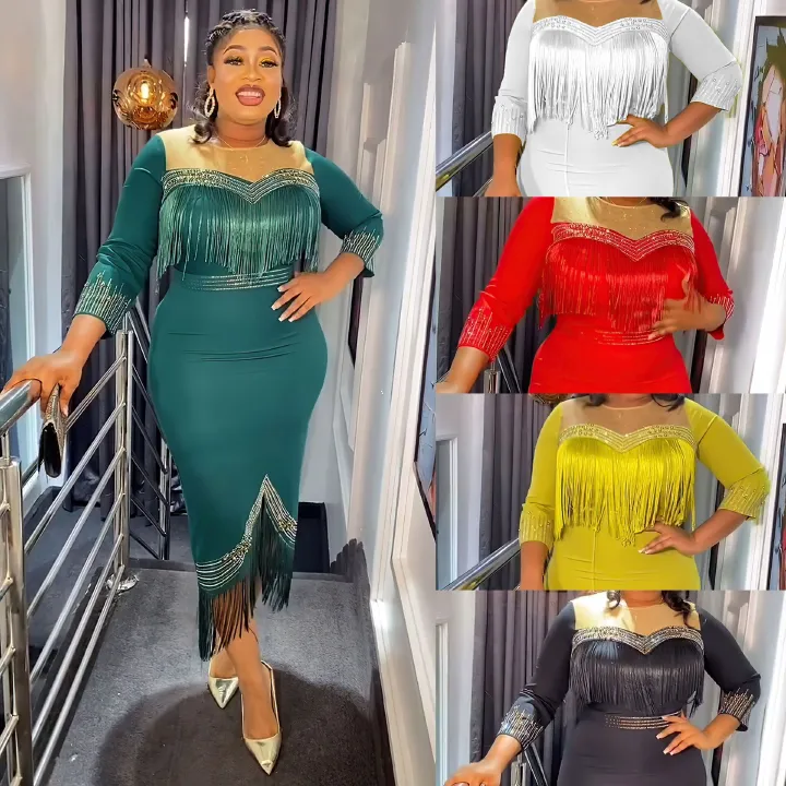 Elegant Bodycon Dresses for Women Crystal Mesh Patchwork Crew Neck Sweetheart Tassel Midi Dress Chic Night Out Party Vestid