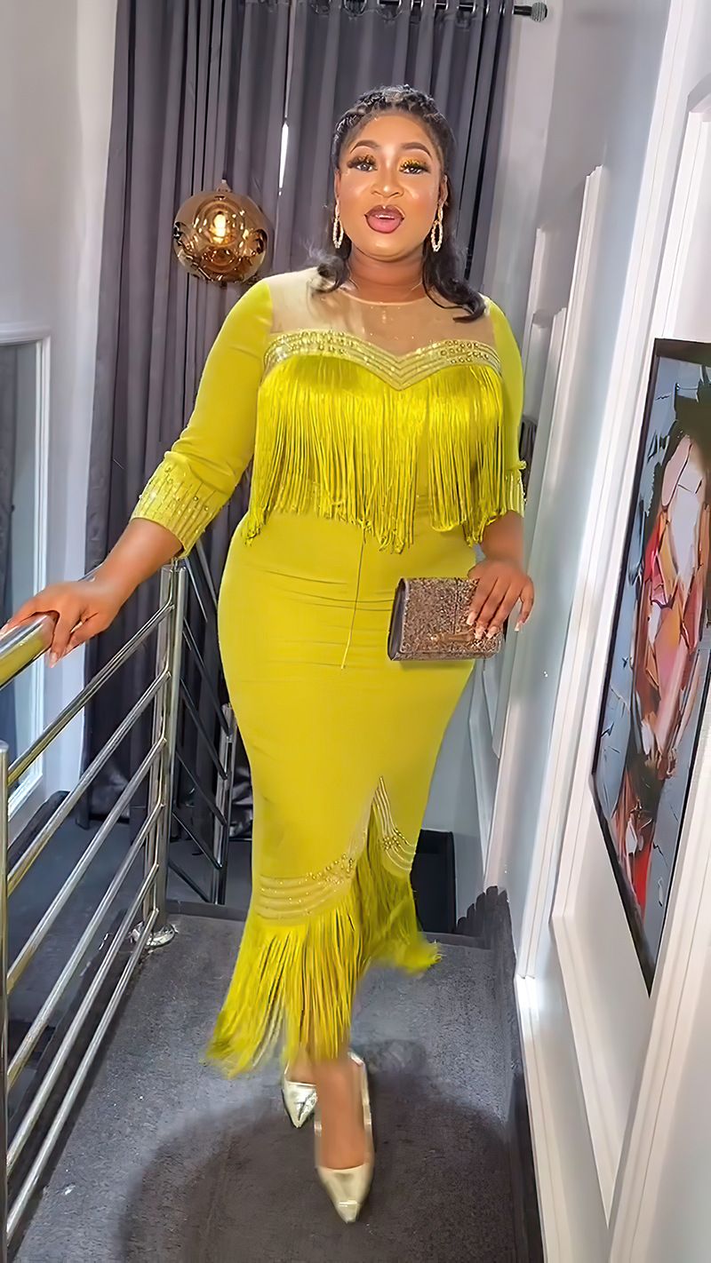 Elegant Bodycon Dresses for Women Crystal Mesh Patchwork Crew Neck Sweetheart Tassel Midi Dress Chic Night Out Party Vestid