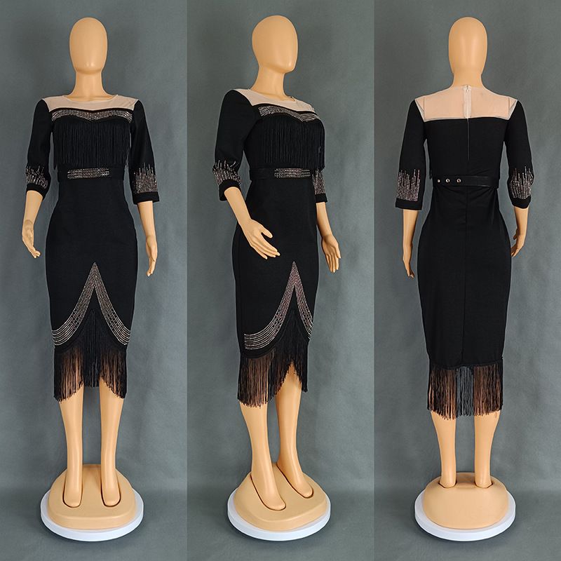 Elegant Bodycon Dresses for Women Crystal Mesh Patchwork Crew Neck Sweetheart Tassel Midi Dress Chic Night Out Party Vestid