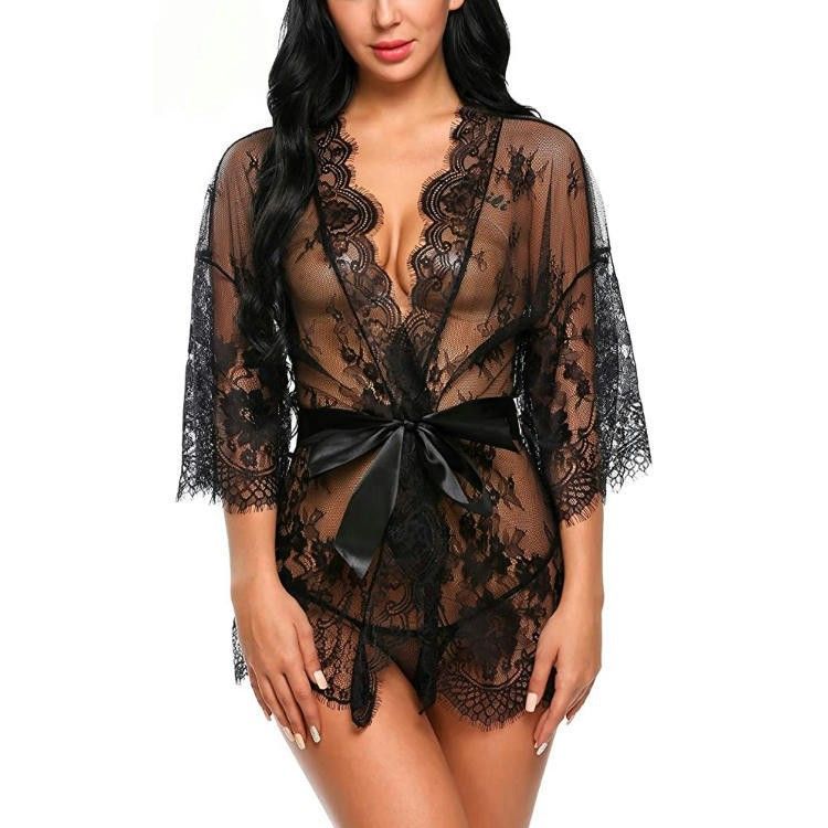 Sexy Lace Robe Dress+G String Thongs Women Erotic Transparent Sleepwear Pajamas Lace Nightdress Mujer Pornos Costumes Underwear