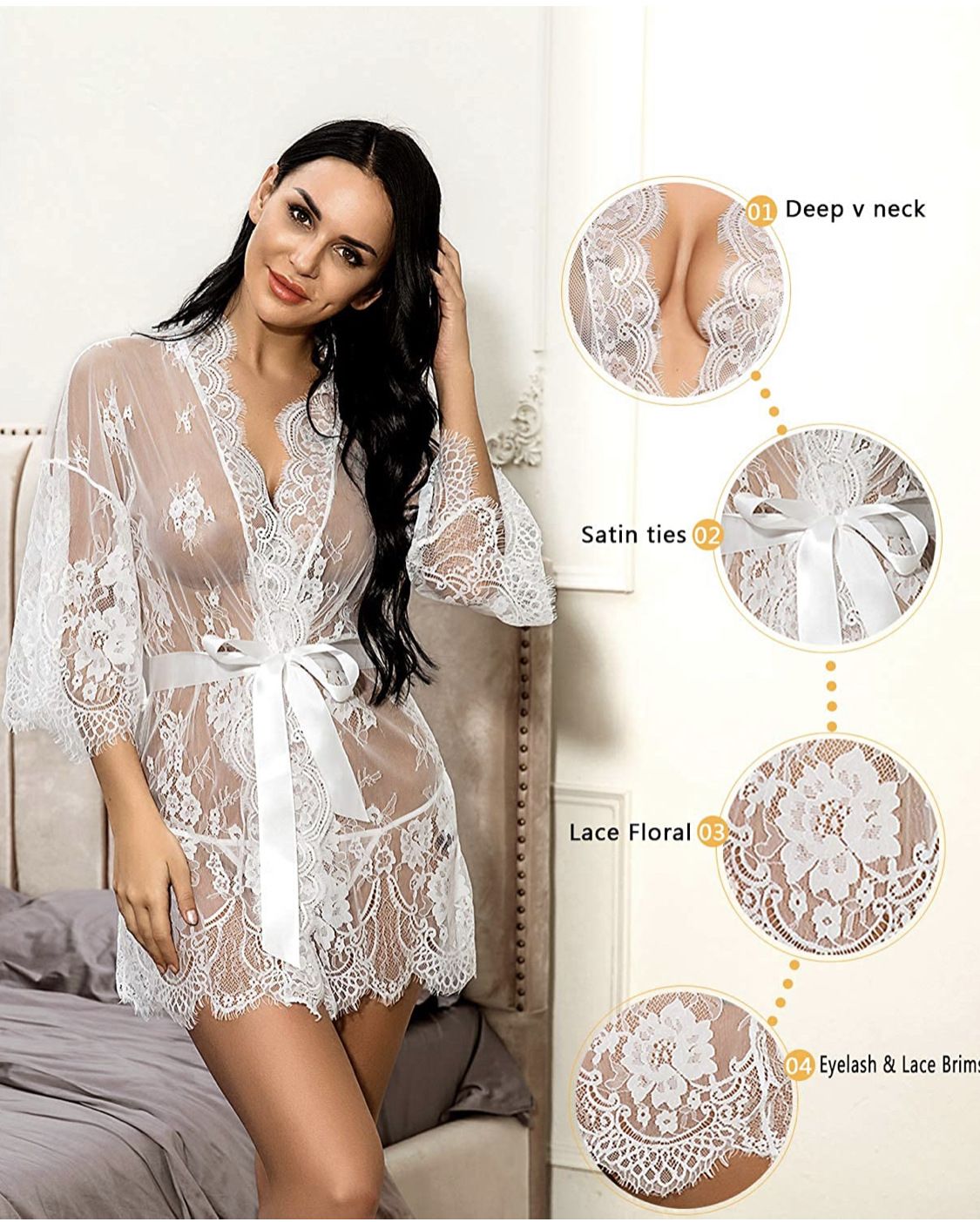 Sexy Lace Robe Dress+G String Thongs Women Erotic Transparent Sleepwear Pajamas Lace Nightdress Mujer Pornos Costumes Underwear