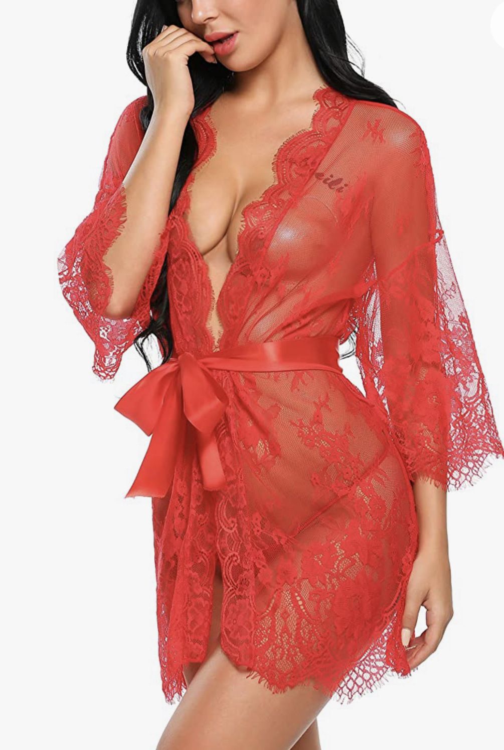 Sexy Lace Robe Dress+G String Thongs Women Erotic Transparent Sleepwear Pajamas Lace Nightdress Mujer Pornos Costumes Underwear