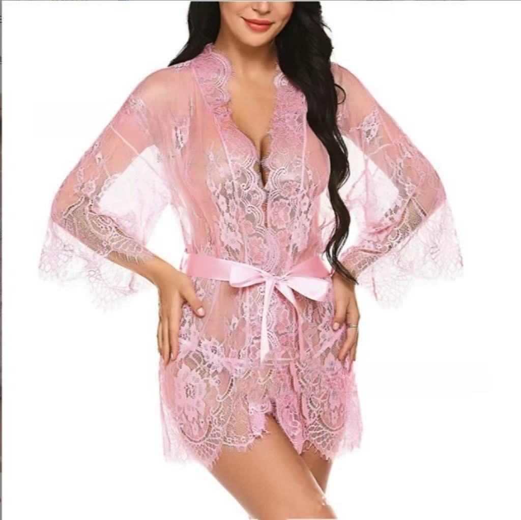 Sexy Lace Robe Dress+G String Thongs Women Erotic Transparent Sleepwear Pajamas Lace Nightdress Mujer Pornos Costumes Underwear