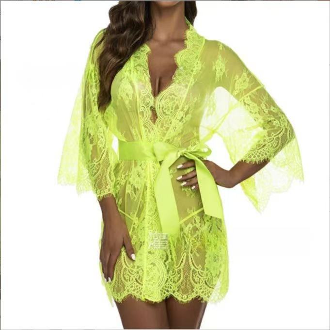 Sexy Lace Robe Dress+G String Thongs Women Erotic Transparent Sleepwear Pajamas Lace Nightdress Mujer Pornos Costumes Underwear