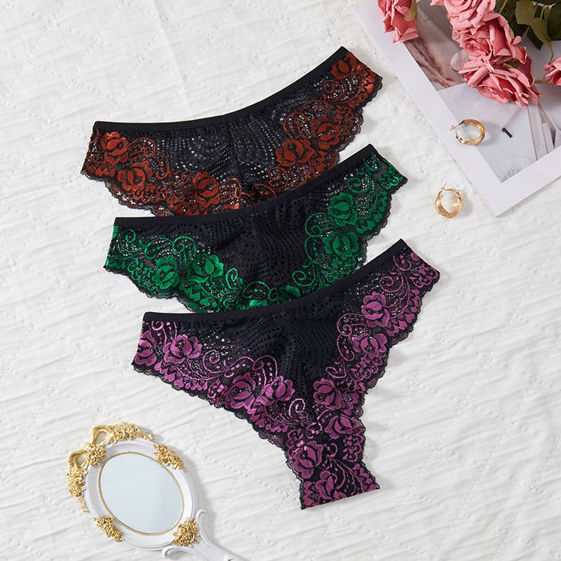 3pcs Plus Size Embroidery Underwear Sexy Lace Women Panties Hollow Out Mid Waist Comfortable Female Briefs Perspective Lingerie