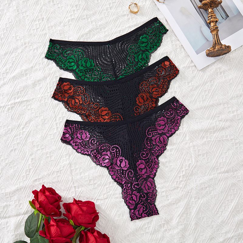 3pcs Plus Size Embroidery Underwear Sexy Lace Women Panties Hollow Out Mid Waist Comfortable Female Briefs Perspective Lingerie