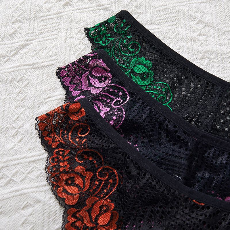 3pcs Plus Size Embroidery Underwear Sexy Lace Women Panties Hollow Out Mid Waist Comfortable Female Briefs Perspective Lingerie