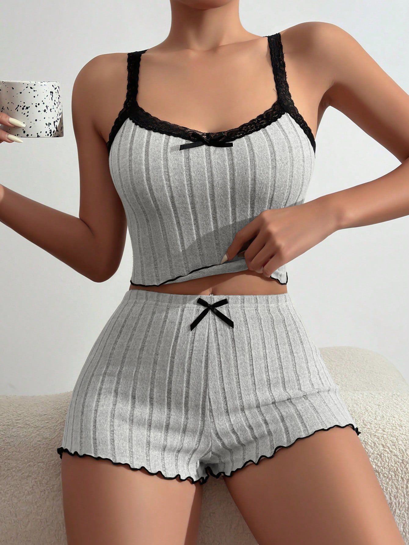 Pajama suit suspenders shorts sexy bow printed milk silk suit comfortable home clothes ladies pajamas suit