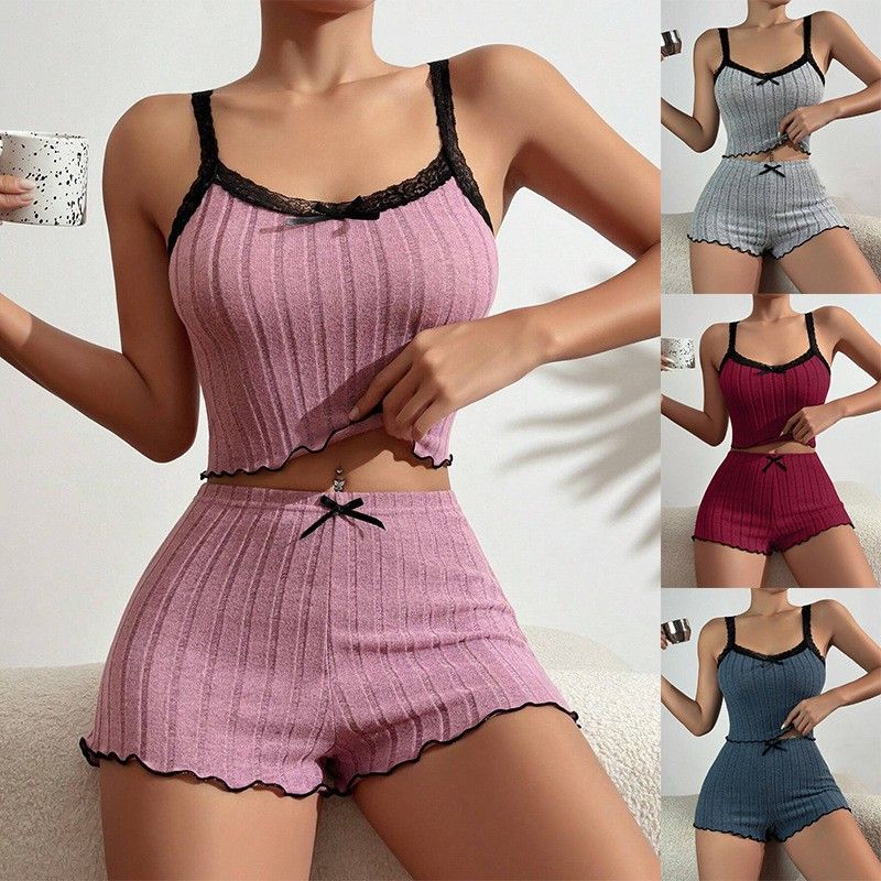 Pajama suit suspenders shorts sexy bow printed milk silk suit comfortable home clothes ladies pajamas suit