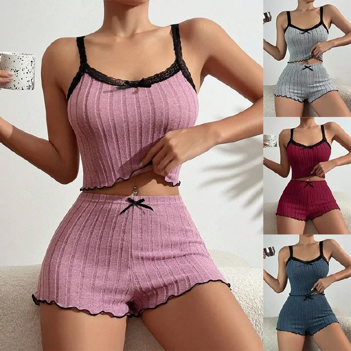 Pajama suit suspenders shorts sexy bow printed milk silk suit comfortable home clothes ladies pajamas suit