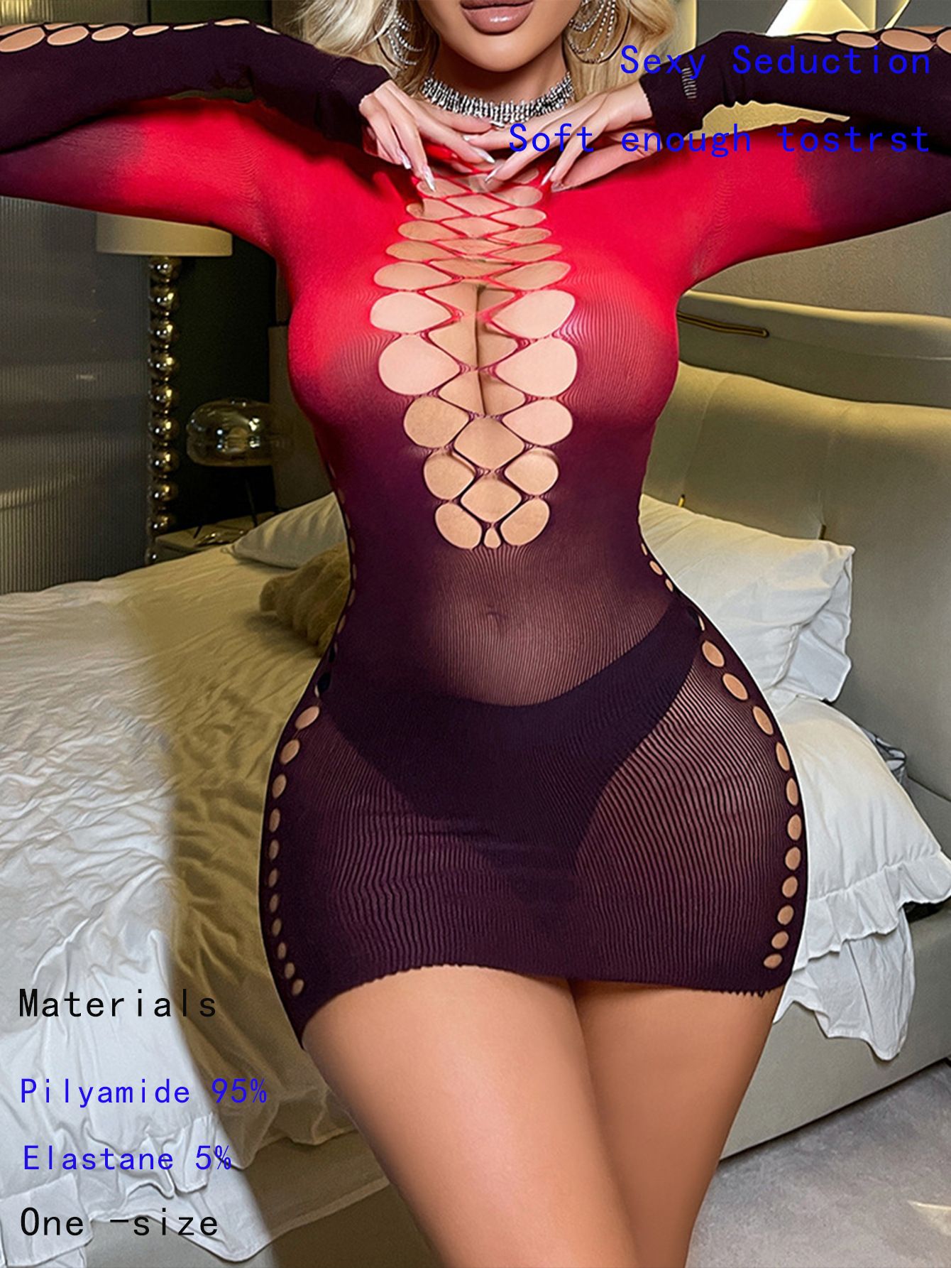 Red and Black Gradient Color Sexy and Hot Girl Beach Passionate Love Fishing Net Long Sleeved Backless Net Clothes