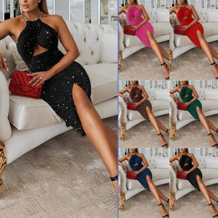 Summer Halter Neck Hollow Out Slim Midi Dress Women's Sexy Sleeveless Backless Front Split Bodycon Party Red Bling Dresses