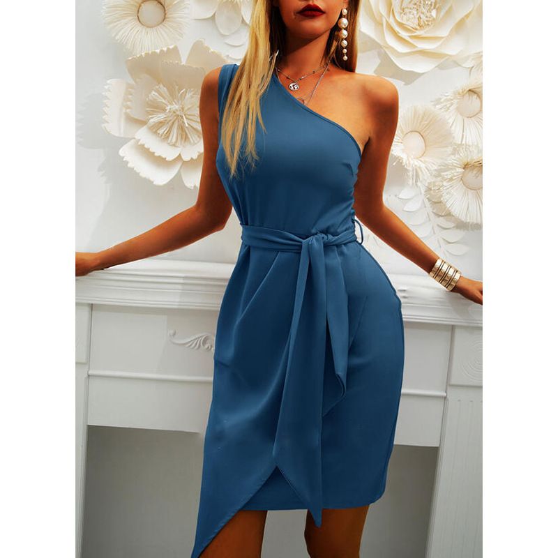 Summer Women's Fashion Dress Commuting Style 2025 New Pure Color Sleeveless Off-shoulder Asymmetrical Belt Evening