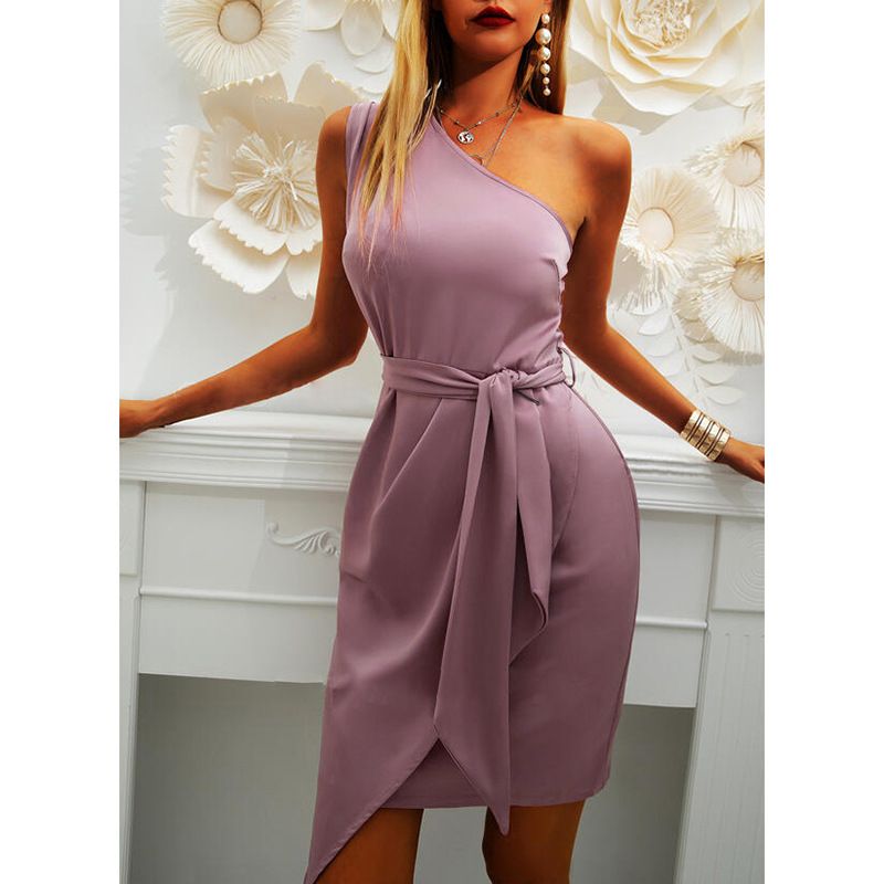 Summer Women's Fashion Dress Commuting Style 2025 New Pure Color Sleeveless Off-shoulder Asymmetrical Belt Evening