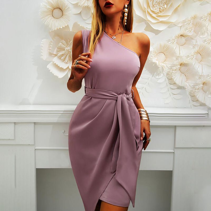 Summer Women's Fashion Dress Commuting Style 2025 New Pure Color Sleeveless Off-shoulder Asymmetrical Belt Evening