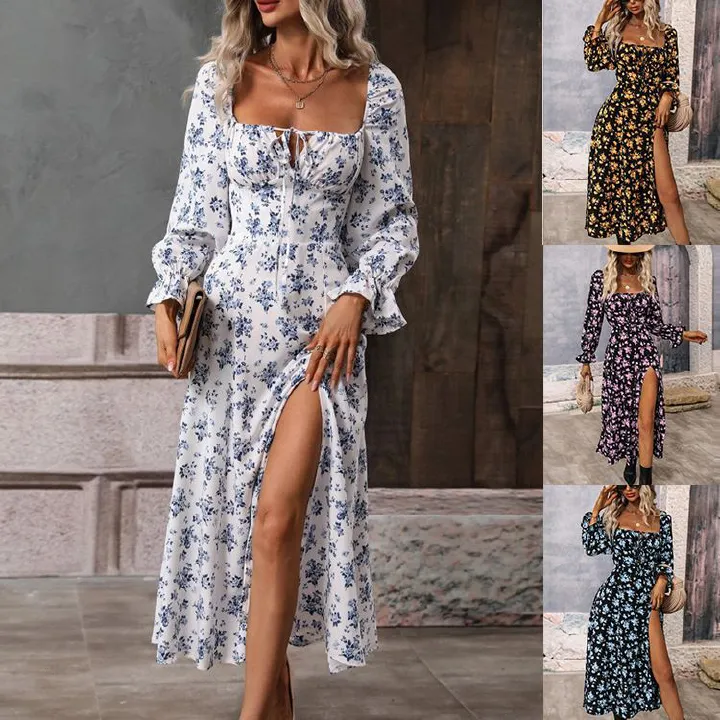 Fashion Long Sleeve Floral Print Long Dress Women 2025 Spring Beach Boho Side Slit Elegant Dresses For Women Robe