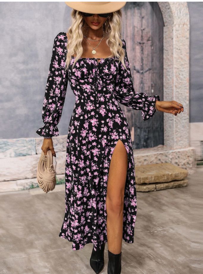 Fashion Long Sleeve Floral Print Long Dress Women 2025 Spring Beach Boho Side Slit Elegant Dresses For Women Robe