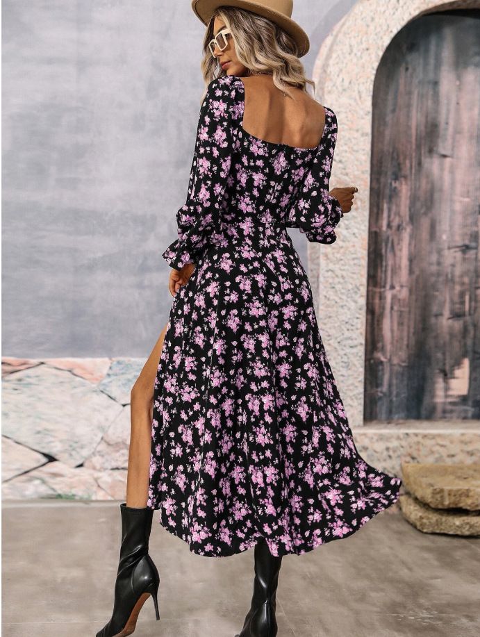 Fashion Long Sleeve Floral Print Long Dress Women 2025 Spring Beach Boho Side Slit Elegant Dresses For Women Robe