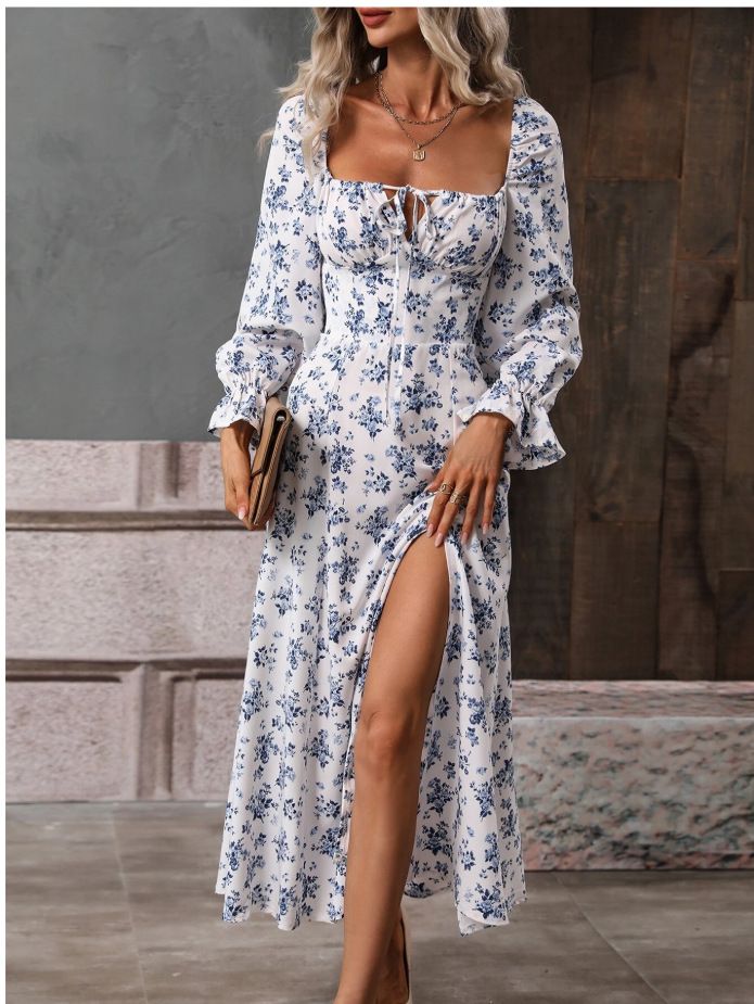 Fashion Long Sleeve Floral Print Long Dress Women 2025 Spring Beach Boho Side Slit Elegant Dresses For Women Robe