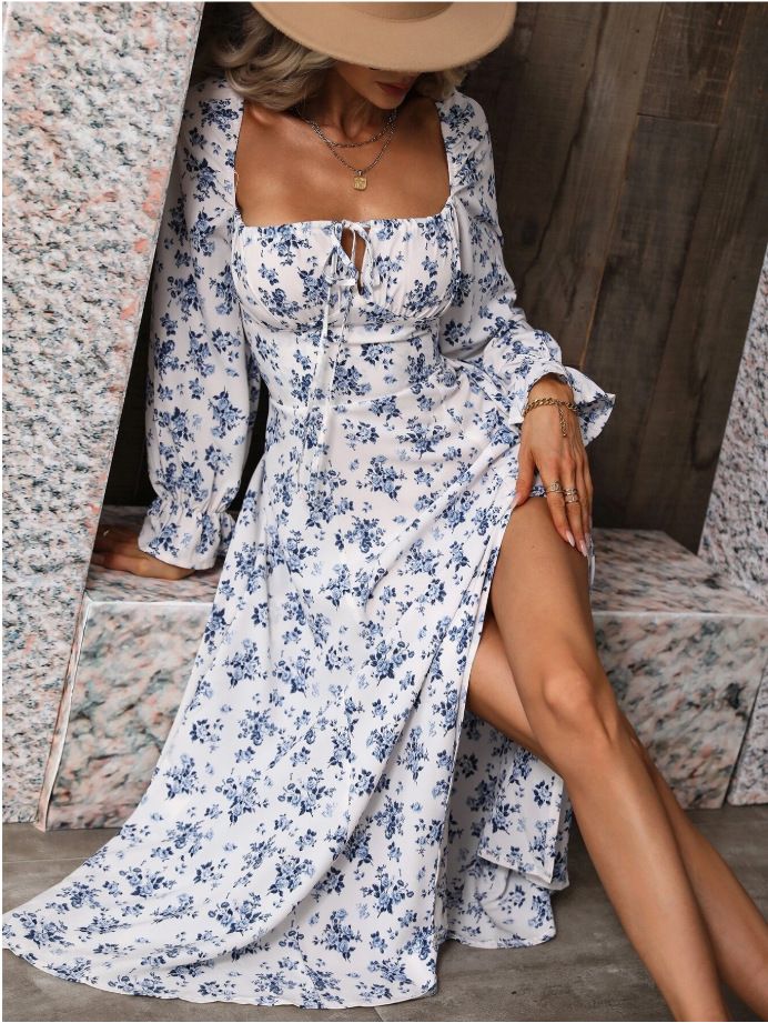 Fashion Long Sleeve Floral Print Long Dress Women 2025 Spring Beach Boho Side Slit Elegant Dresses For Women Robe
