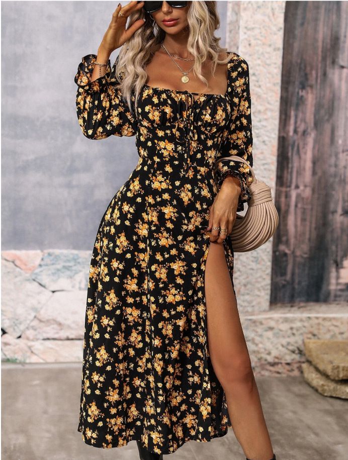 Fashion Long Sleeve Floral Print Long Dress Women 2025 Spring Beach Boho Side Slit Elegant Dresses For Women Robe