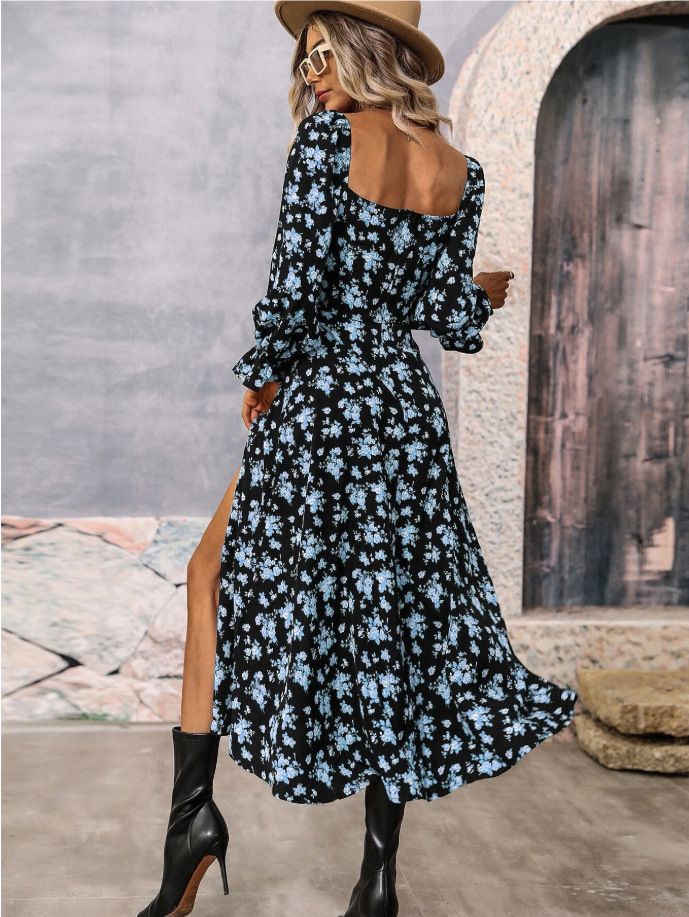 Fashion Long Sleeve Floral Print Long Dress Women 2025 Spring Beach Boho Side Slit Elegant Dresses For Women Robe