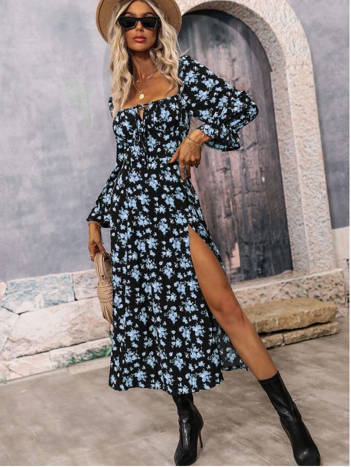 Fashion Long Sleeve Floral Print Long Dress Women 2025 Spring Beach Boho Side Slit Elegant Dresses For Women Robe