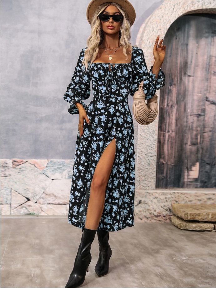 Fashion Long Sleeve Floral Print Long Dress Women 2025 Spring Beach Boho Side Slit Elegant Dresses For Women Robe