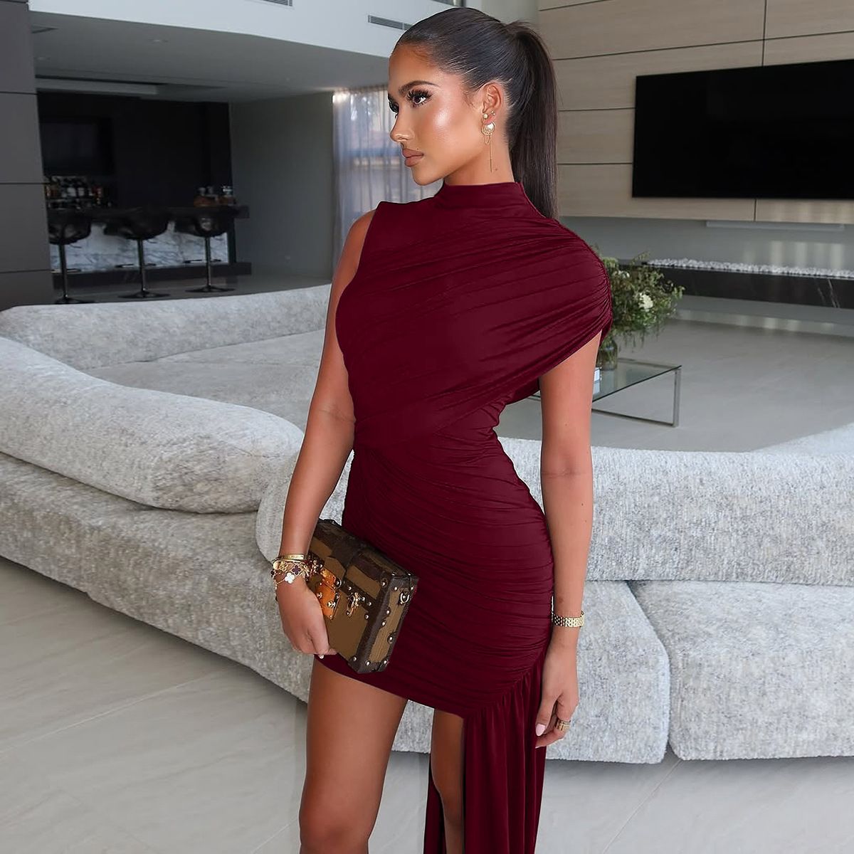 2025 Autumn Winter Trendy Women’s Bodycon Dress – Round Neck Ruched Sleeveless Irregular Hem Party Dress, Slim Fit Wrap Mini Dress for Evening/Dinner | Fashion Dresses