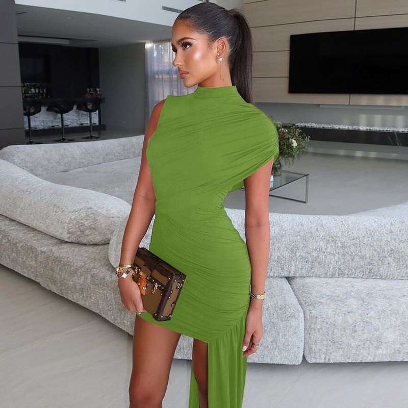 2025 Autumn Winter Trendy Women’s Bodycon Dress – Round Neck Ruched Sleeveless Irregular Hem Party Dress, Slim Fit Wrap Mini Dress for Evening/Dinner | Fashion Dresses